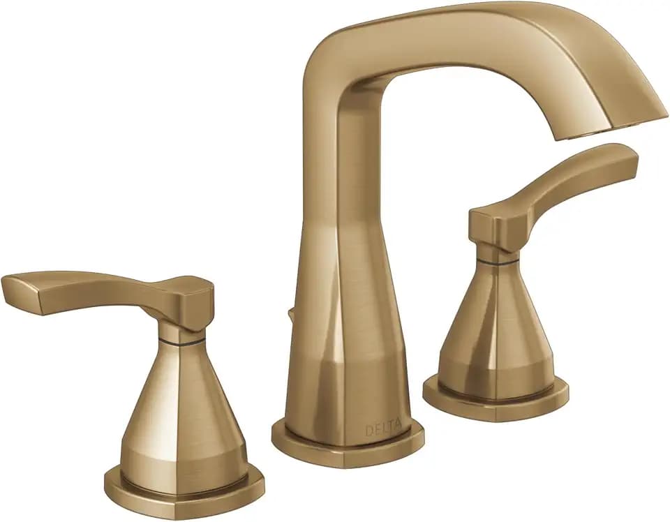 Delta Faucet Stryke Widespread Bathroom Faucet 3 Hole, Gold Bathroom Sink Faucet, 2 Handle Bathroom Faucet, Bath Faucet, Metal Pop-Up Drain Assembly, Lumicoat Champagne Bronze 35776-CZ-PR-MPU-DST