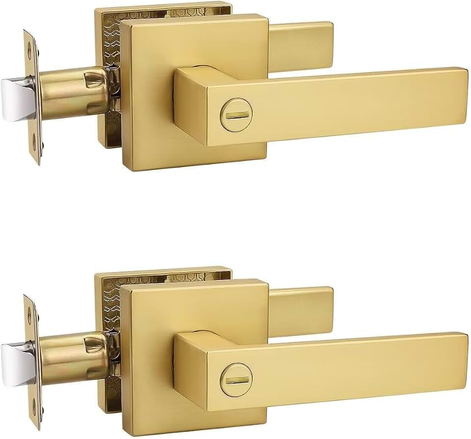 Tinewa 2 Pack Heavy Duty Gold Square Privacy Interior Door Levers, Satin Brass Finish, Bedroom and Bathroom Door Handles Keyless Bed/Bath Lockset