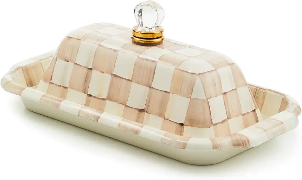 MACKENZIE-CHILDS Enamel Butter Box with Lid, Brown-and-White Mocha Check