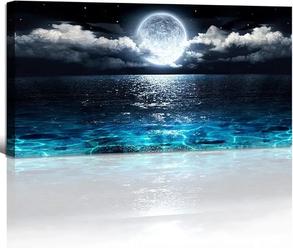 Wall Art Moon Sea Ocean Landscape Picture Canvas Wall Art Print Paintings Modern Artwork for Living Room Wall Decor and Home Décor Framed Ready to Hang,28x57inches,1inch Thick Frame,Waterproof Artwork