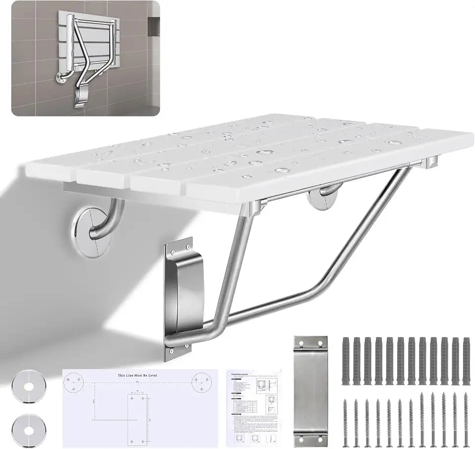 ๐๐ฅ๐๐ง๐๐๐ 18 Inch Folding Shower Seat Wall Mounted, Foldable Shower Chair with Stainless Steel Brackets & Finish Caps, 420 LB Capacity, for Showers Bathrooms Bathtubs & Small Spaces, Plastic Wood