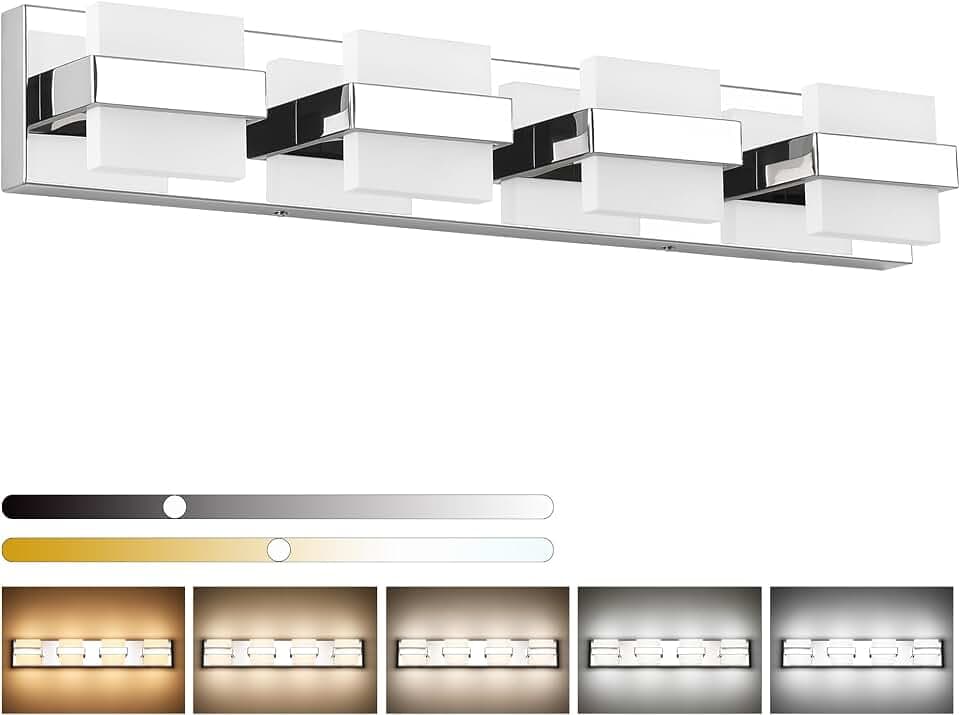 SOLFART Chrome Vanity Lights for Bathroom Above Mirror,4 Light Bathroom Light Fixtures, LED Lighting Fixture, Nickel Vanity Light,5 Color Temperature Adjustable Light Over Mirror