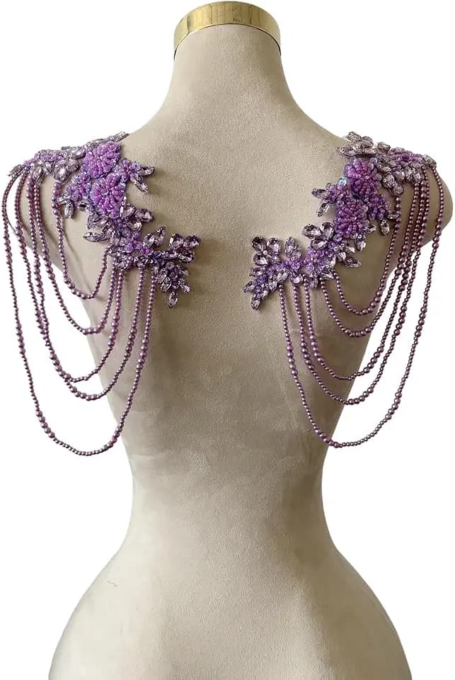 1 Pair Beaded Rhinestones Applique Embellishment for Clothes Epaulettes Shoulder Patches Sew-on Sequin Tassels Applique for Wedding Dress DIY Accessories 9.8X10.2inches (Violet)