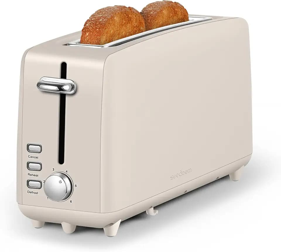 SEEDEEM Stainless Steel Toaster 2 Slice Slim, 10" Single Long Slot, Oatmilk