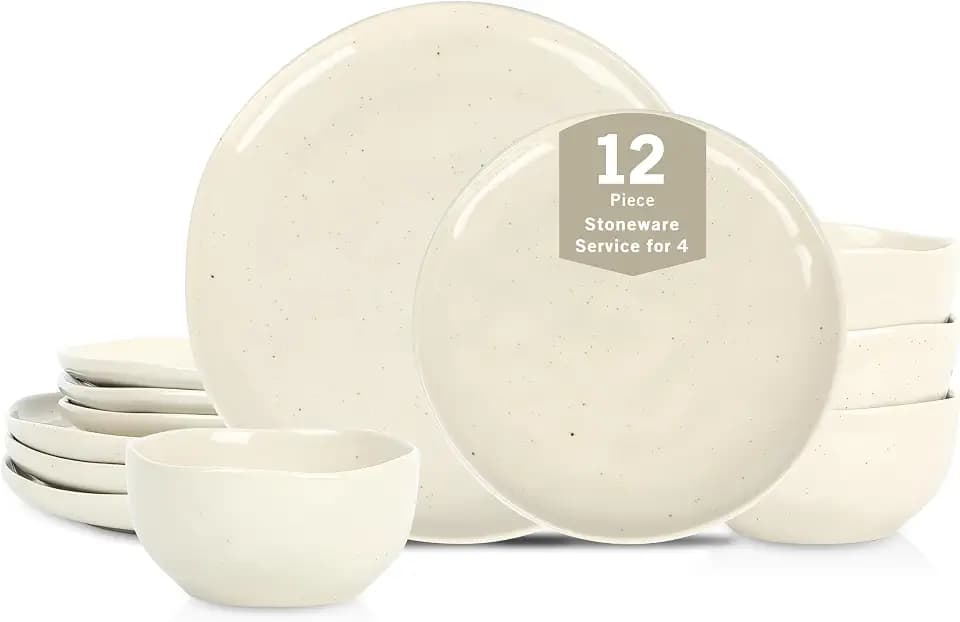 Stone Lain Mirella 12-Piece Stoneware Dinnerware Set, Service for 4 – Cream with Speckle, Reactive Glaze – Includes Dinner Plates, Salad Plates, and Bowls