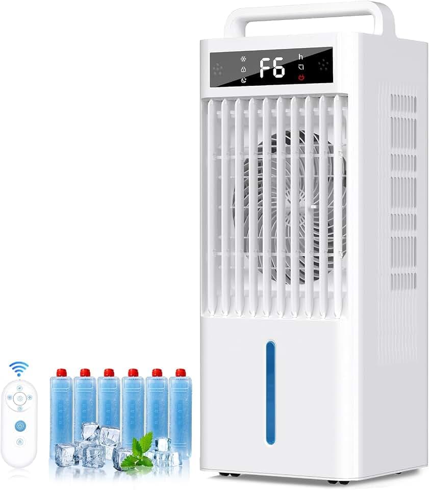 Evaporative Air Cooler, 4-IN-1 Swamp Cooler, Portable Air Conditioners with 6 Speeds & 3 Modes, 3-Gal Water Tank, 15-20 FT/S Airflow, Remote & Touch Control for Home and Office