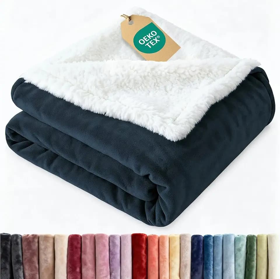 Sherpa Fleece Blanket King Size - Reversible Blanket - Navy, 90" x 108"