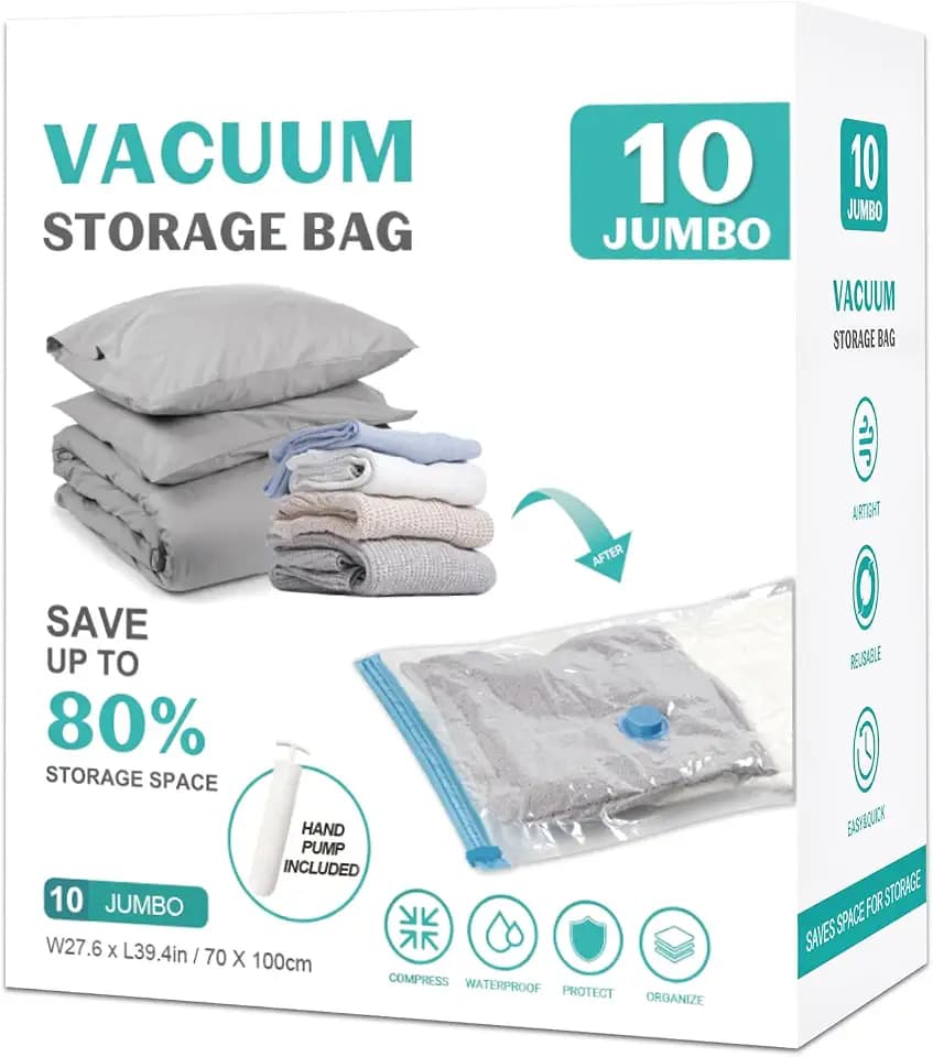 10 Pack Jumbo Space Saver Vacuum Storage Bags Seal Bags for Clothing Travel Compression Bags for Comforters Blankets Bedding Pillows Luggage Hand Pump Included