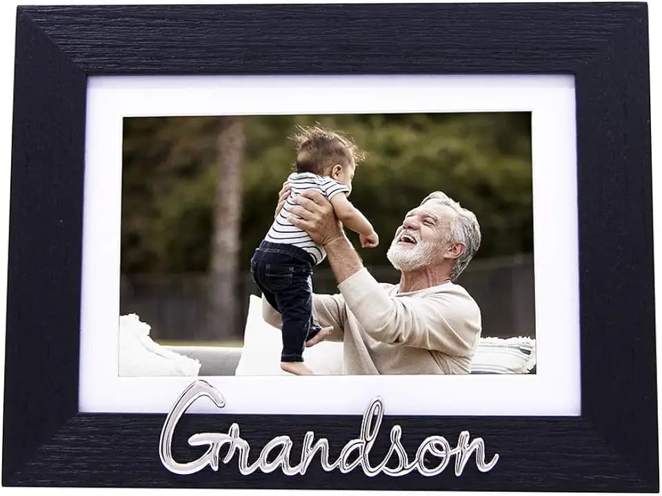 Happy Homewares Black Woodgrain Effect Grandson Picture Frame with Silver Letters - 6x4 with White Matt or 7x5