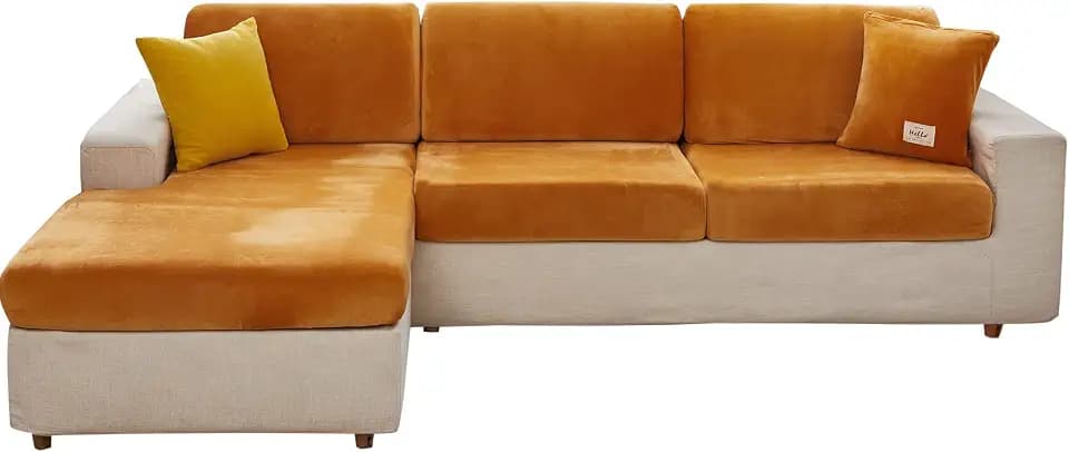 MIFXIN Velvet Stretch Couch Cushion Slipcover Sofa Cover 1 Piece Universal Elastic Sofa Seat Couch Cover Furniture Protector (Orange, 3-Seater)