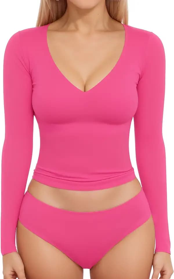 MANGOPOP Women's V Neck Long Sleeve Fitted T-Shirt