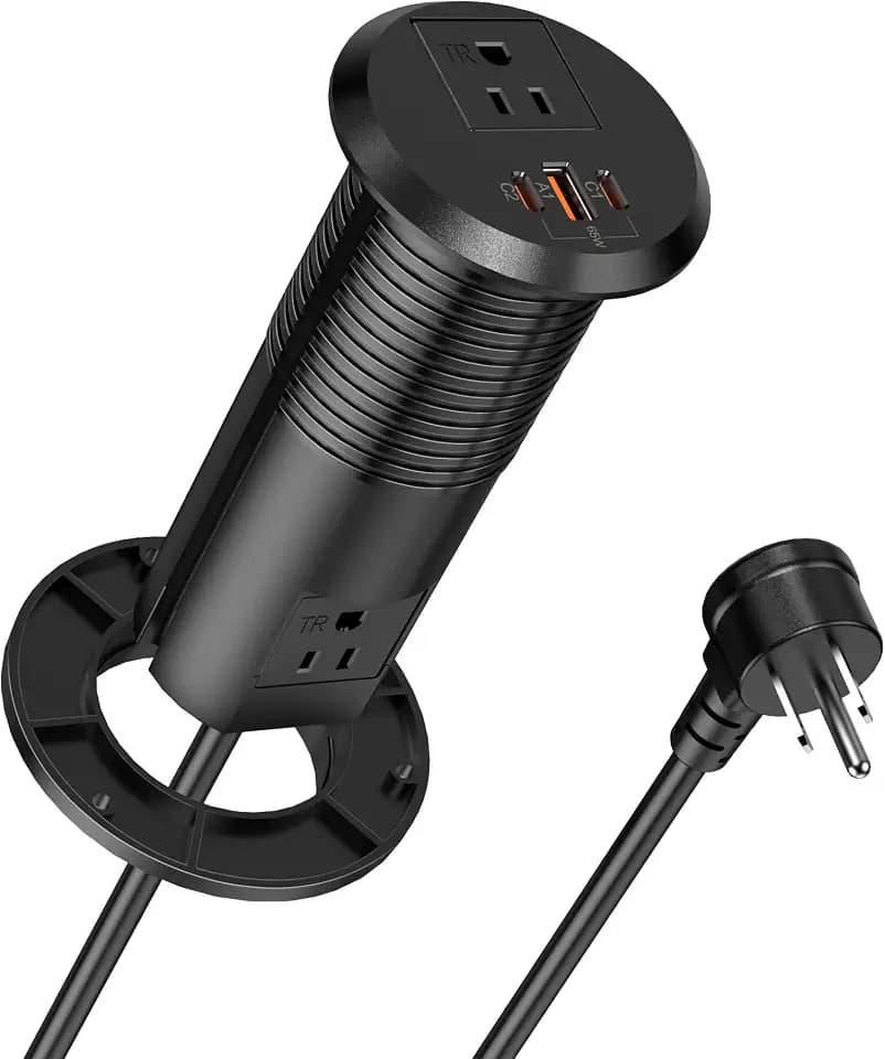 2 Inch Desk Power Grommet Outlet, 2AC Outlets, 3 USB (2 USB-C), Black, 6FT