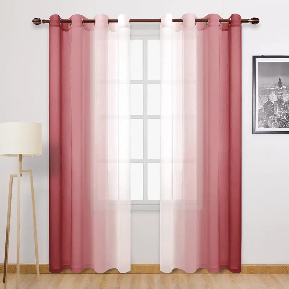 DWCN Faux Linen Ombre Sheer Curtains - Semi Voile Gradient Grommet Top Curtains for Bedroom and Living Room, Set of 2 Window Curtain Panels, 52 x 84 Inches Long, Burgundy