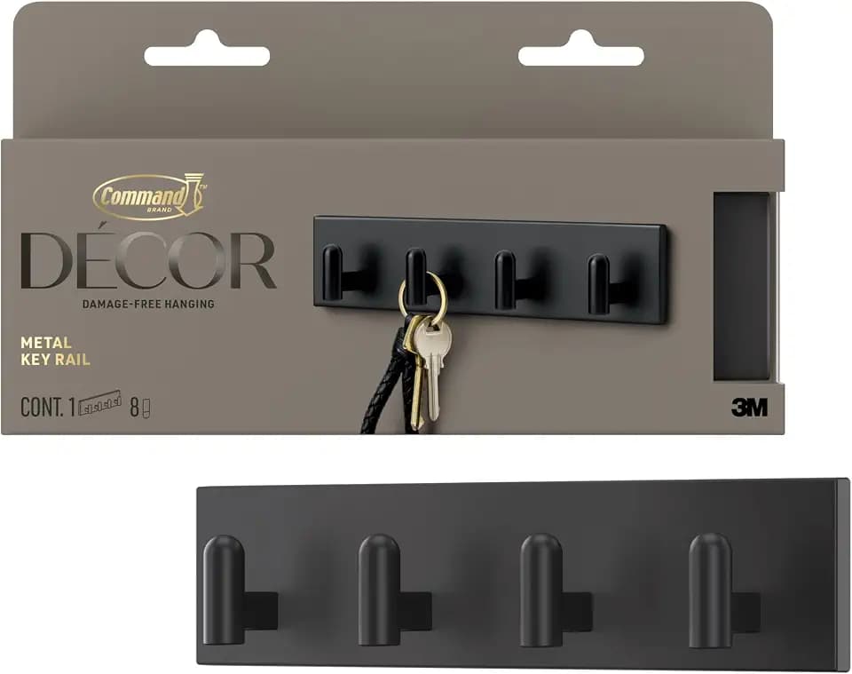 Command Decor Metal Key Rail, Matte Black, 1 Hook Rail, 8 Small Strips