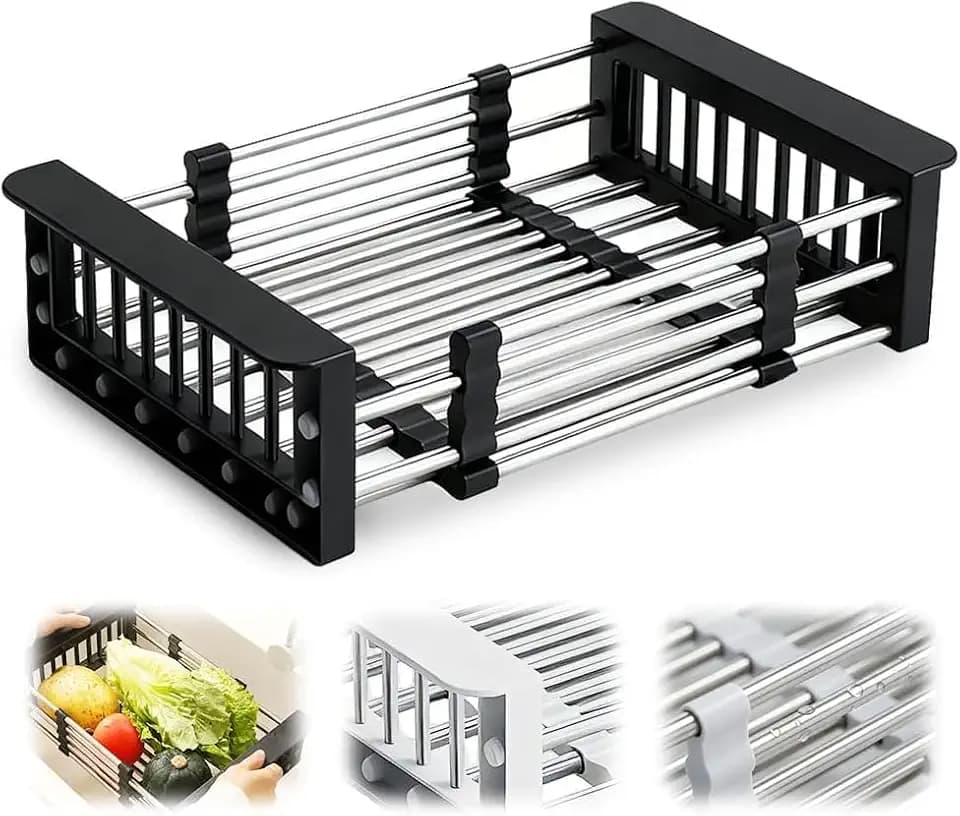 Extend Kitchen Sink Drain Basket, Adjustable Dish Drying Rack with Stainless Steel Drain Basket for Kitchen, Upgraded Retractable Kitchen Sink, (Black, Large)