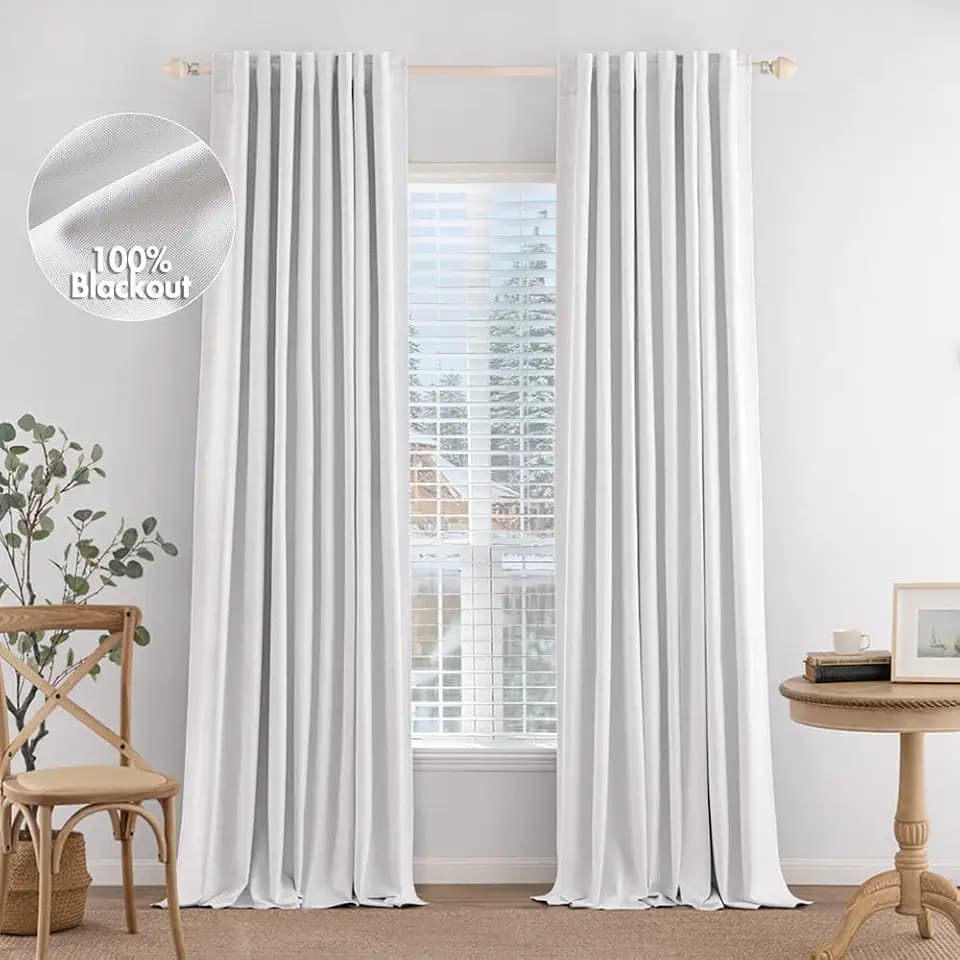 MIULEE 100% Blackout Curtains Linen Curtains & Drapes 90 Inches Long, White