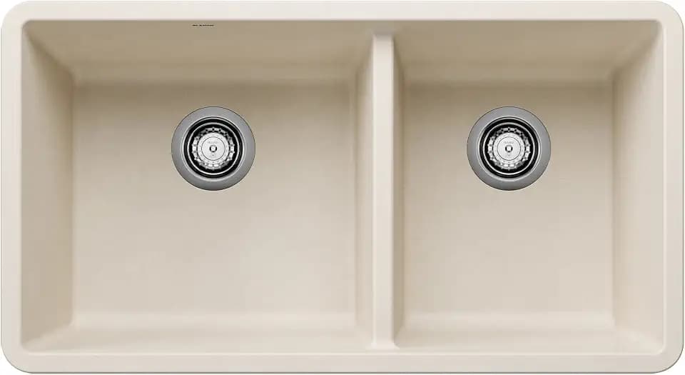 BLANCO 443081 Precis Silgranit 60/40 Double Bowl Undermount Kitchen Sink, 33" L X 18" W - Soft White