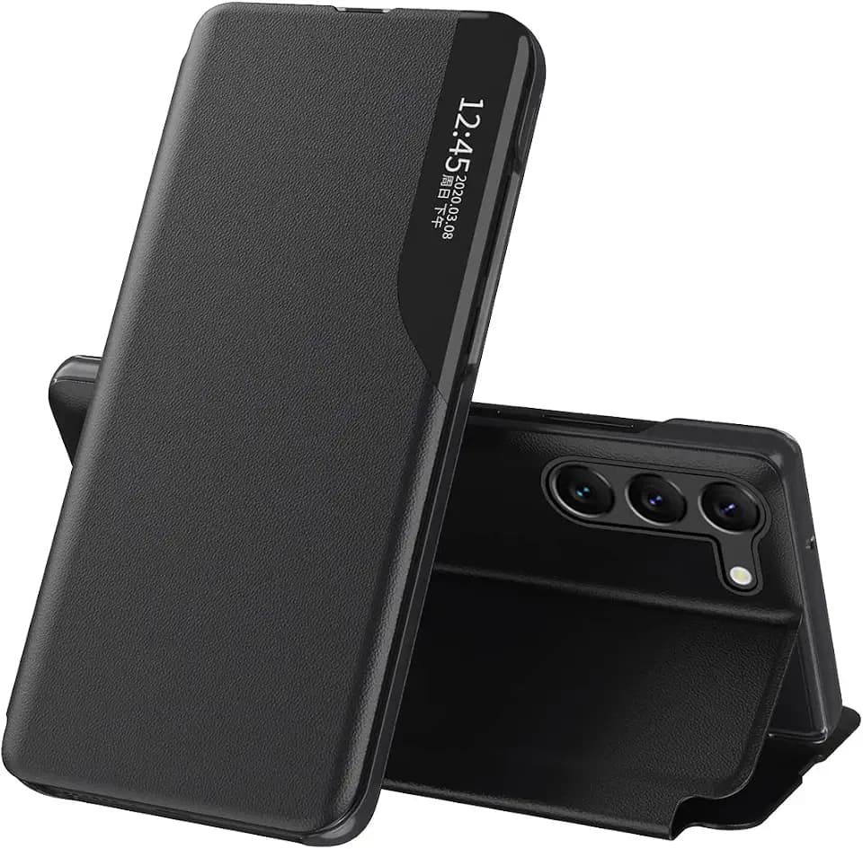 Hülle für Samsung Galaxy S26 Plus, Premium Flip Schutzhülle Smart View Klares Fenster mit Ständer Luxuriöses PU Leder + Stoßfeste PC Schale Hülle für Galaxy S26 Plus. Schwarzes QHA