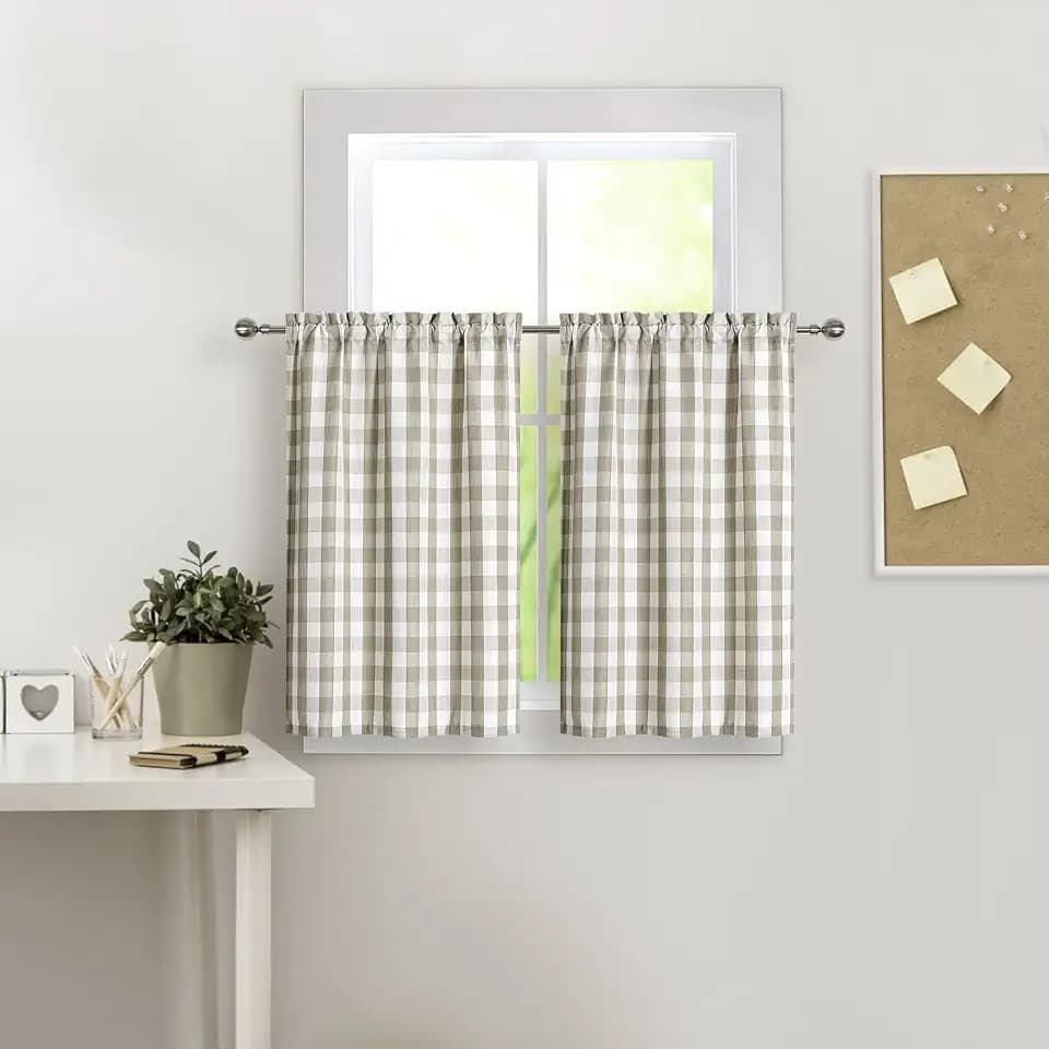 Amzdecor Beige White Buffalo Check Tier Curtains for Kitchen 24 Inch Long