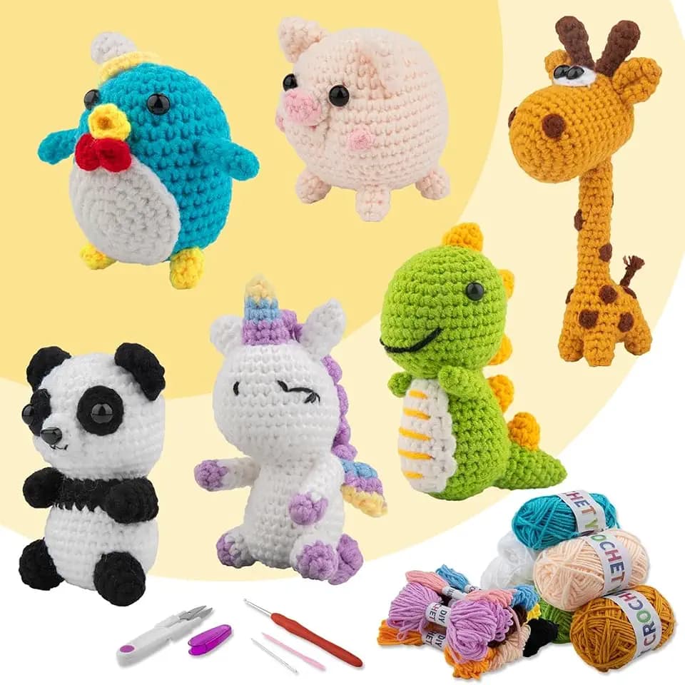 6Pcs Crochet Knitting Kit for Beginners, Crochet Animal Kits for Adults