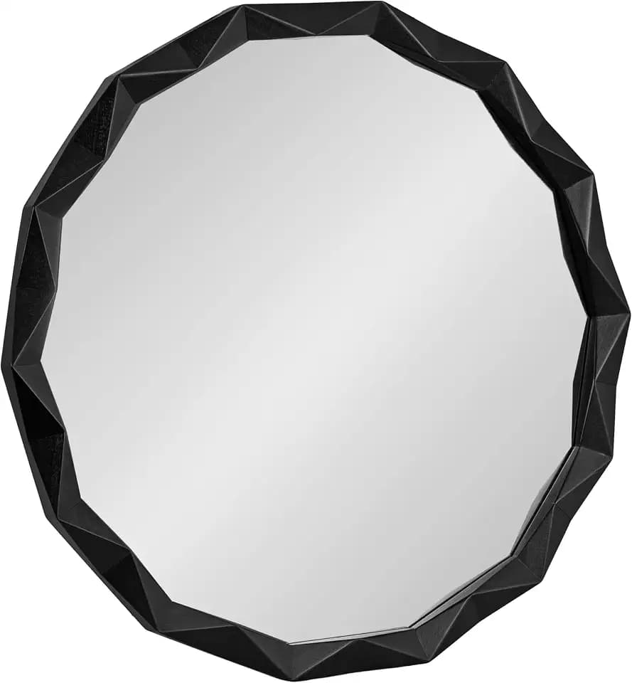 Kate and Laurel Endicott Modern Geometric Round Wall Mirror; 26 Inch Diameter; Black; Transitional Faceted Wood Circle Mirror for Use as Bathroom Mirror for Over Sink or Cute Nursery Mirror