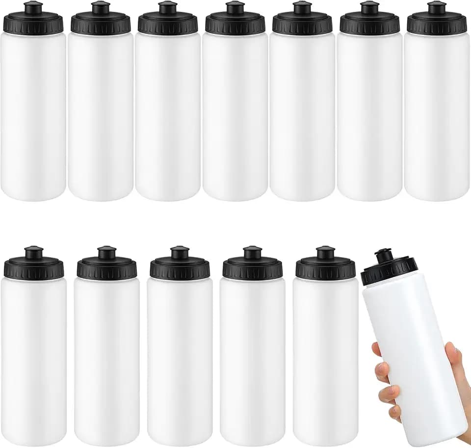 LemonRoad 12 Pack Squeeze Water Bottles Reusable 20 oz Plastic Sports Water Bottle with Pull Top Lid, Bike Cycling Gym Sport, Dishwasher Safe(White)