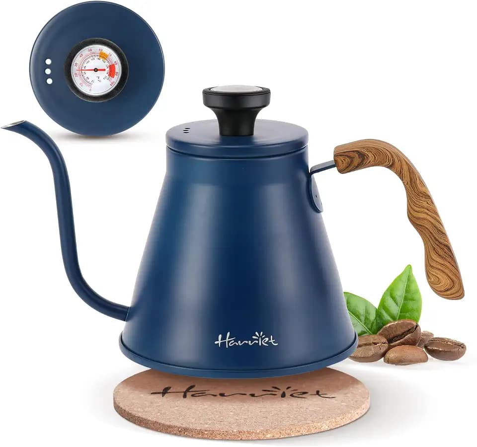 Harriet Gooseneck Kettle with Thermometer for Pour Over Coffee and Tea, 37 fl oz, Stainless Steel, Durable 3-Layer Base, Ideal Spout for Precision Pouring, Compatible with all Stove Tops, Blue