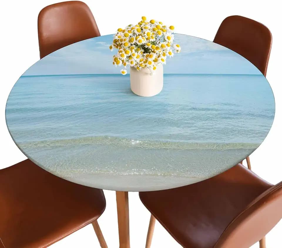 Beautiful Beach Round Table Cloth Cover Bright Sunny Summer Sandy Beach Tablecloth for Indoor Outdoor Picnic Party Fit for 40"-44" Round Tables