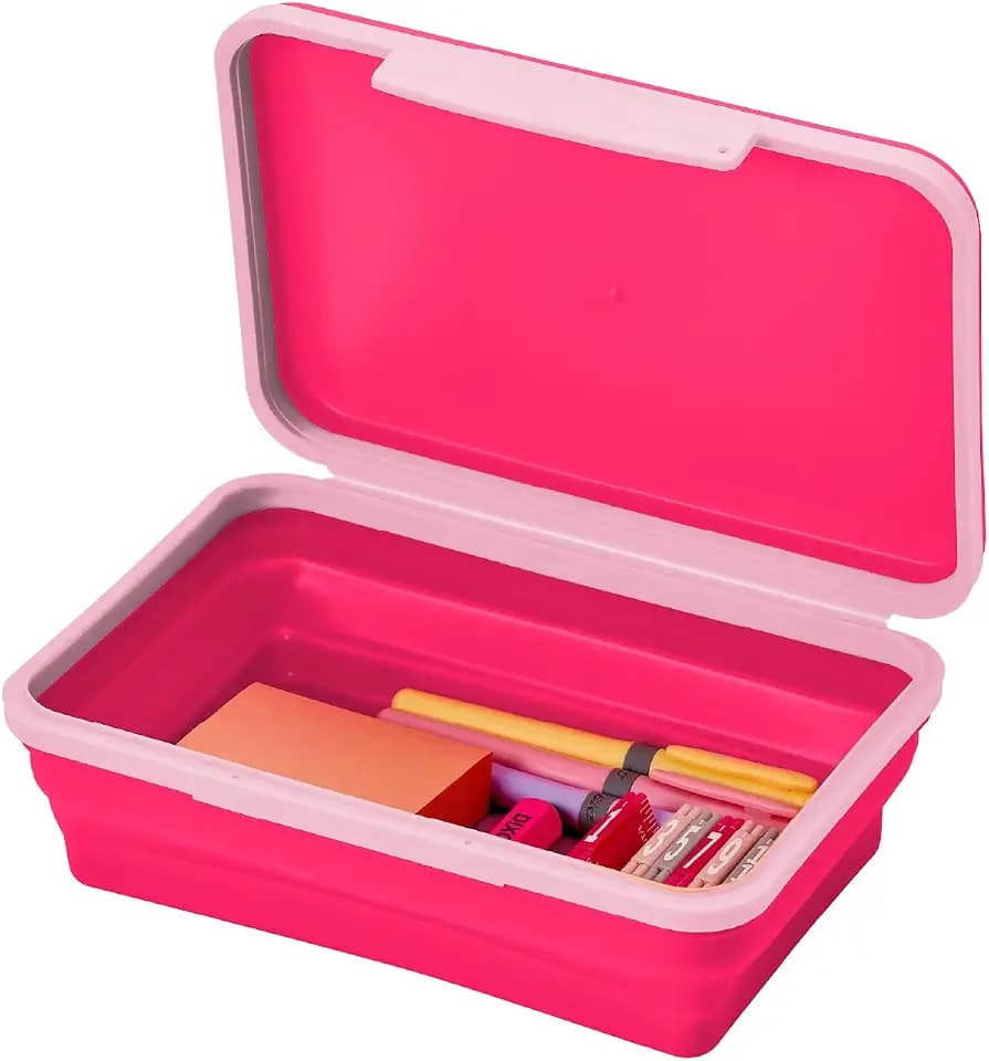 LockerMate by Bostitch Flexi Storage Box with Lid, Collapsible Pencil Case Design for Craft and School Supplies, Pink