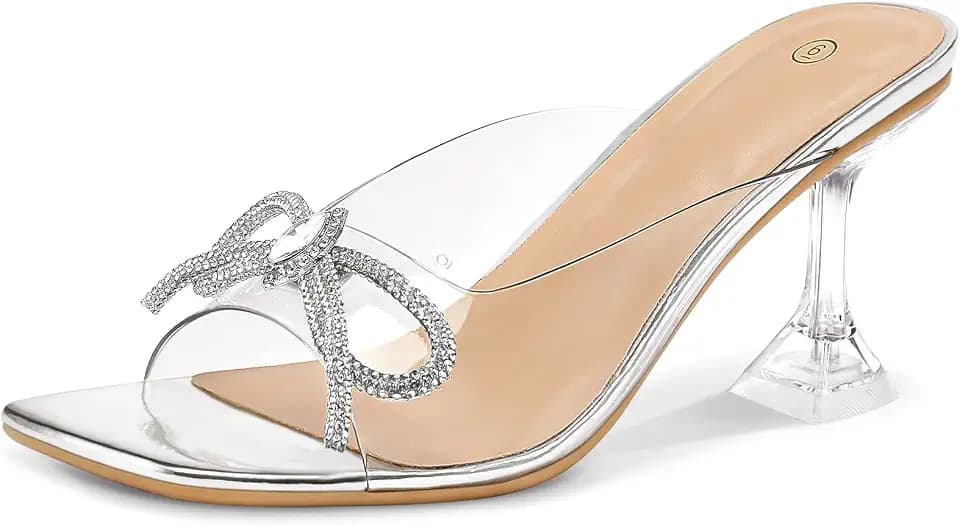 mysoft Women's Clear Heeled Sandals Square Toe Transparent Slip On Shoes