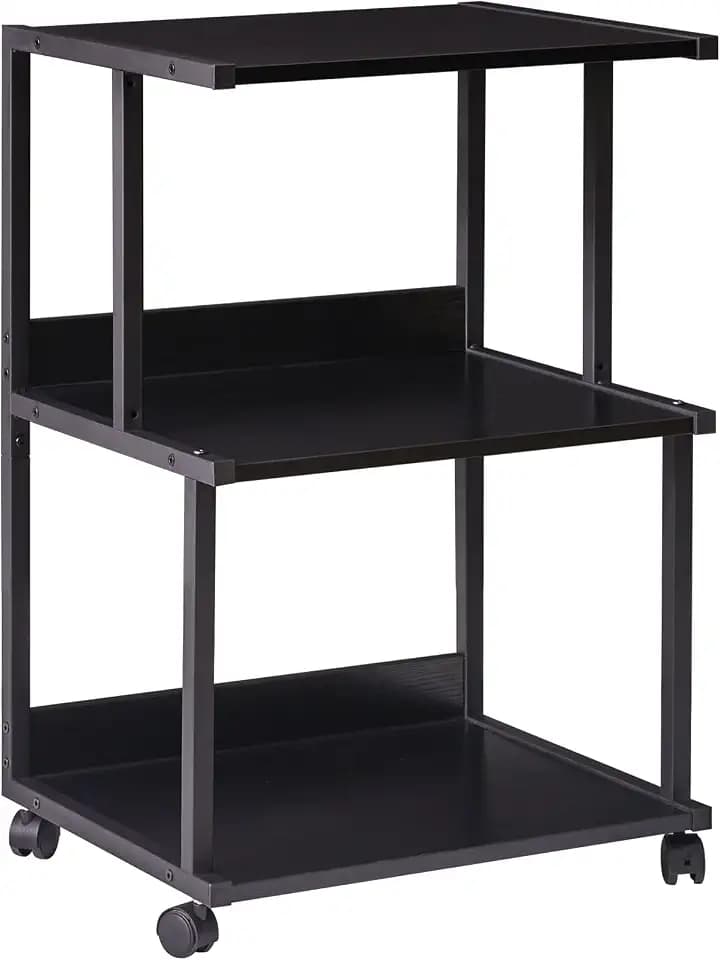 IBUYKE Black Printer Stand with Storage Shelf,3 Tier Printer Table with Wheels,Printer Cart for Home Office Organization, Rolling Cart Stand for Heat Press Microwave and Mini Fridge TPS001B