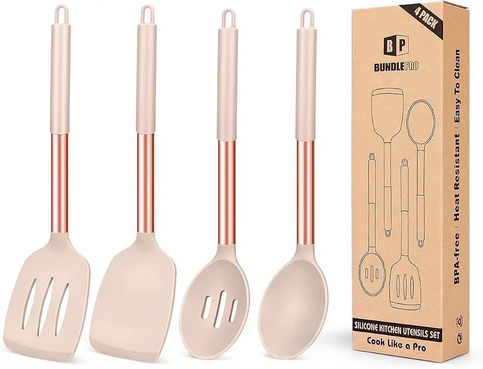 Pack of 4 Silicone Cooking Utensils Set, Non Stick Large Solid Spatulas, Heat Resistant Rose Gold Khaki Slotted Spoons, Ideal BPA Free Kitchen Turners for Frying, Mixing,Serving,Draining,Turning