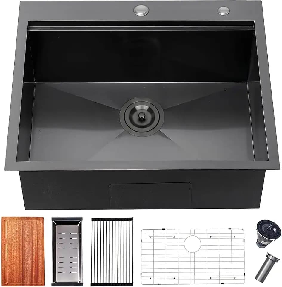 25 Inch Black kitchen Sink Drop in - 25"x22" Topmount Ledge Workstation Kitchen Sinks 16 Gauge Handmade Stainless Steel Single Bowl Sink with All Accessories for Kitchen Laundry Utility