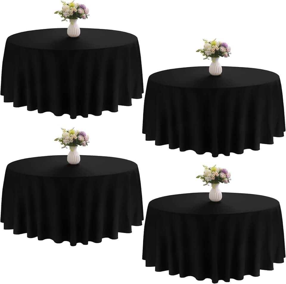 4 Pack Round Tablecloth 108 Inch Black Polyester Table Cover for Round Tables Washable Fabric for Wedding Dining Table Buffet Parties Banquet Decor