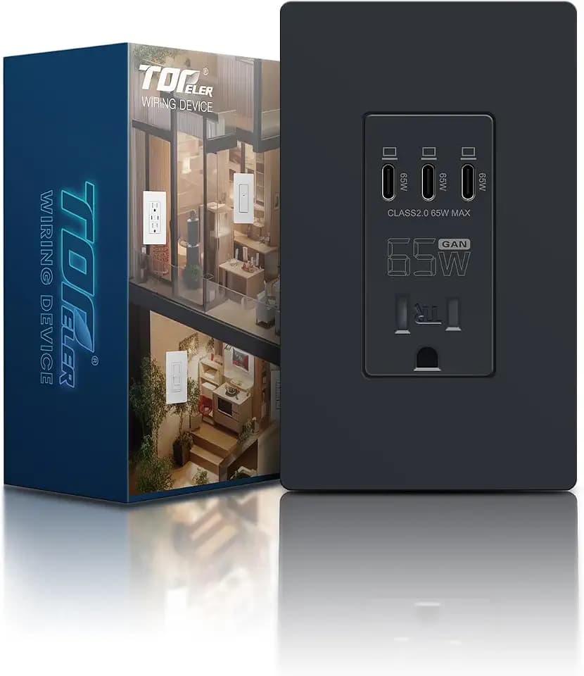 TOPELER Black USB Wall Outlet, GaN 65W Ultra-Fast Charging USB Outlet for Laptop, 15 Amp Tamper Resistant Receptacle with 3 USB Ports, Screwless Wall Plate Included, ETL & FCC Listed