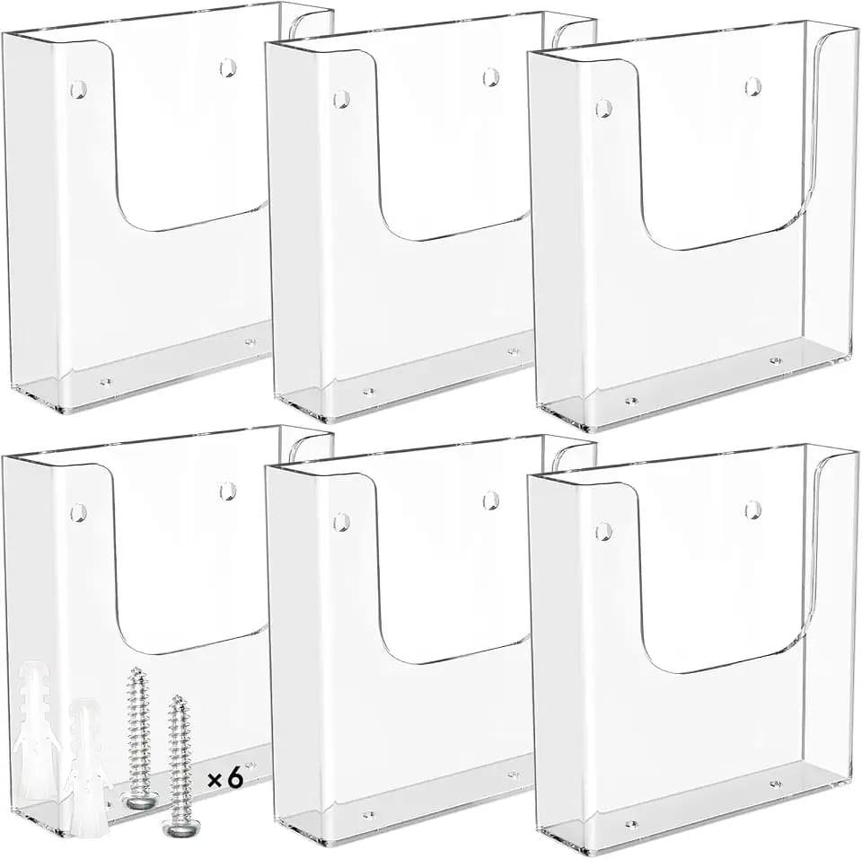MaxGear Acrylic Brochure Holder Wall Mount, 6 Inch Wide, 6 Pack