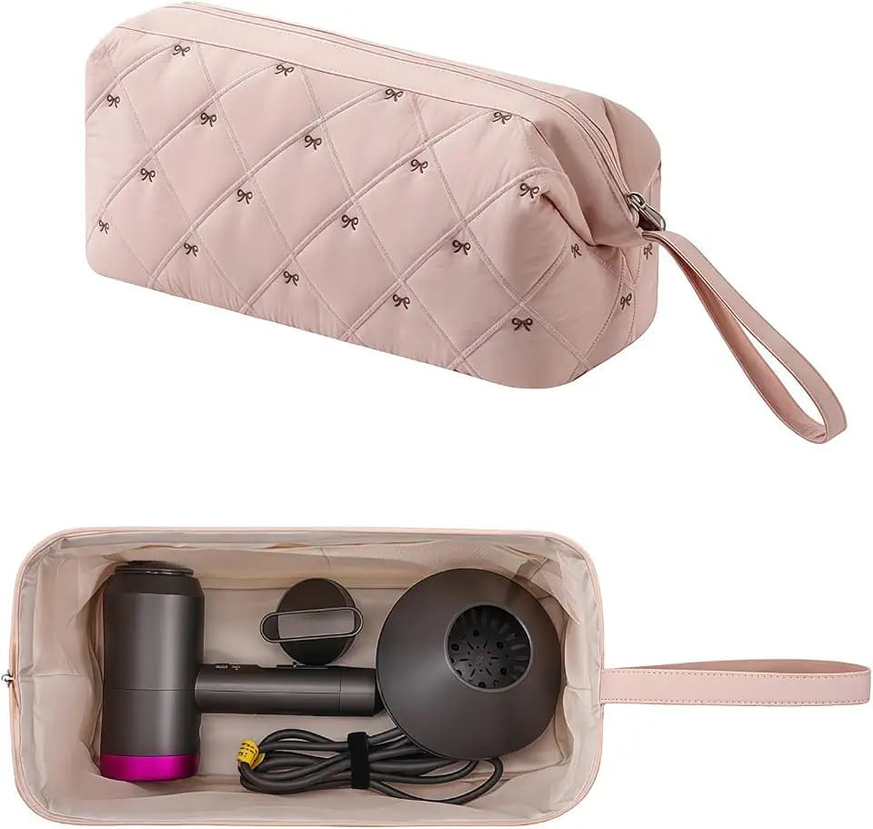 Large Quilted Hair Tools Travel Bag, Curling Iron Carrying Case for Shark Flexstyle, Dyson Airwrap Hair Dryer, Portable Travel Organizer Revlon Hair Tools Storage Case, Pink with Bow Pattern