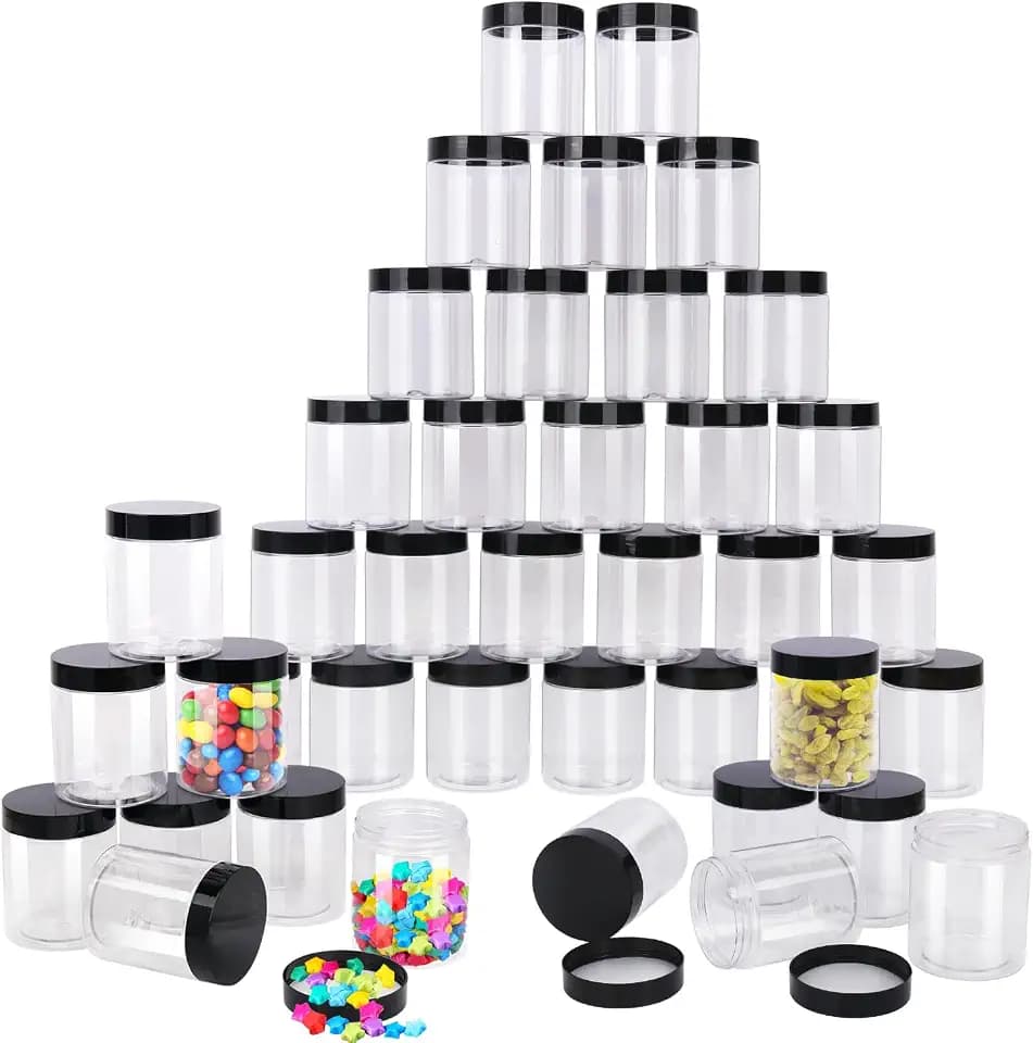 48 Pack 8 OZ Clear Plastic Jars with Black Lids, Empty Plastic Mason Jars, Cosmetic Jar with Lids for Cream, Body Butters, Moisturizers, Candy, Beads, Samples (Clear)