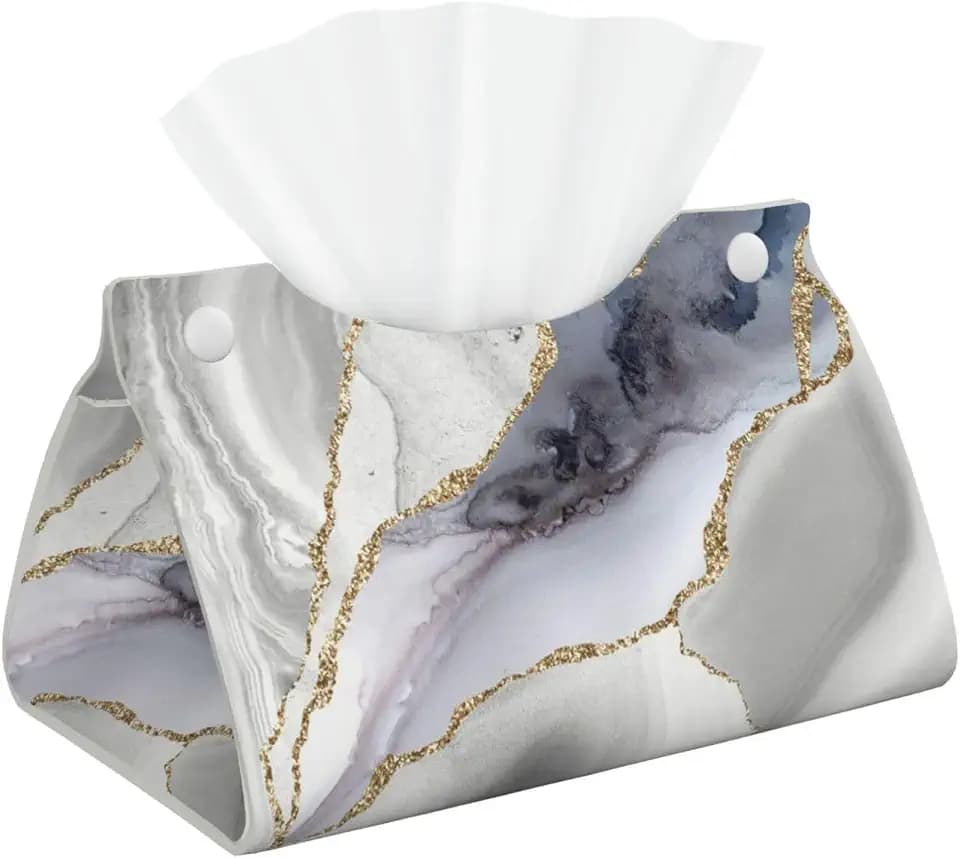 Watercolor Geode Marble Texture White Gold Tissue Box Cover Rectangle PU Leather Facial Case Paper Holder Organizer for Decor Bathroom Vanity Countertop Bedroom Dresser Night Stand Desk Car Office