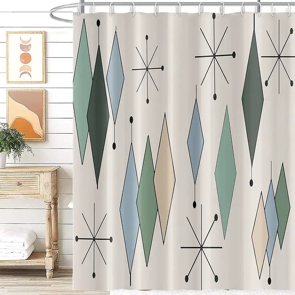 Mid Century Shower Curtain Modern Abstract Diamond Geometric Atomic Starburst Pattern for 1950s Retro Bathroom Decor Accessories Shower Curtain Set with 12 Hooks, 65x72 Inches