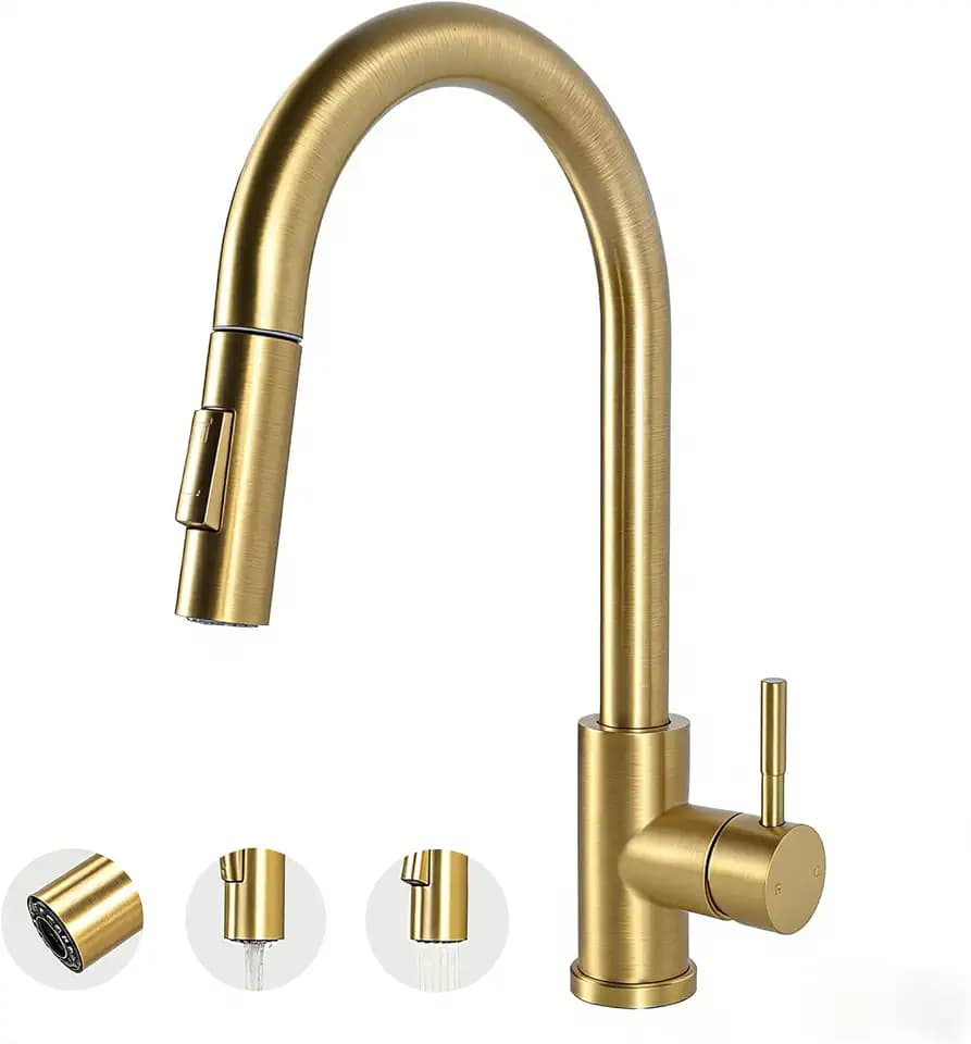 Hotis Brushed Gold Kitchen Faucet, with Pull Down Sprayer, High Arc Design