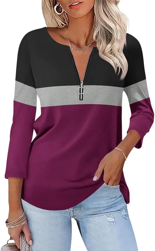 ORANDESIGNE Women's 3/4 Length Sleeve Tops Quarter Zipper Pullover Shirts