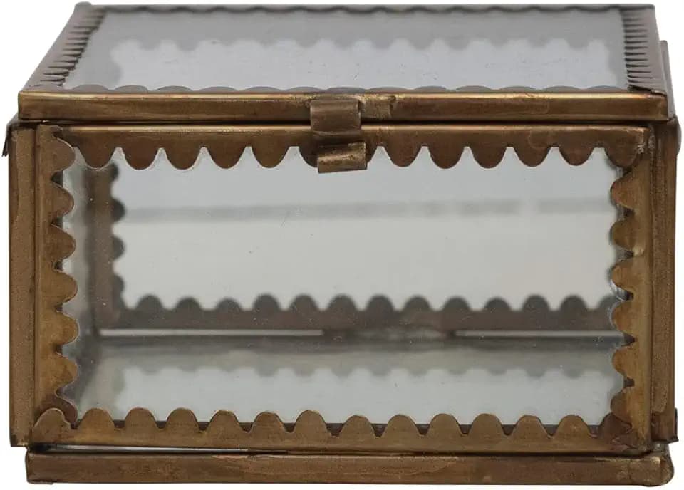 Creative Co-Op Brass and Glass Display Box with Scalloped Edges and Antique Finish, Brass Color
