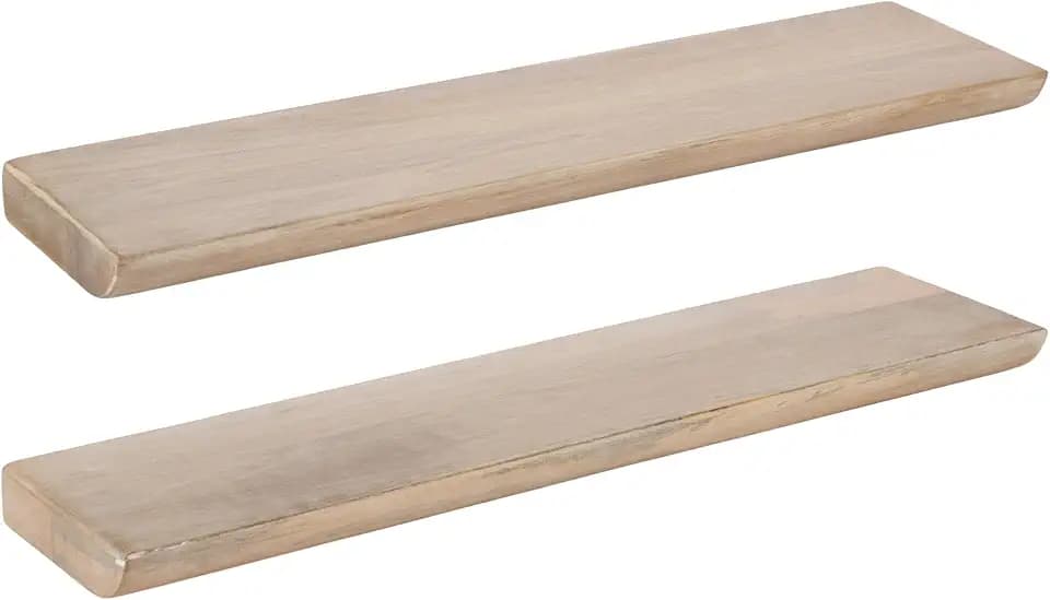 Kate and Laurel Burena Modern Curved Mango Wood Floating Shelves, Set of 2, 24 x 6, Light Natural, Functional Bathroom and Kitchen Shelves for Storage and Display