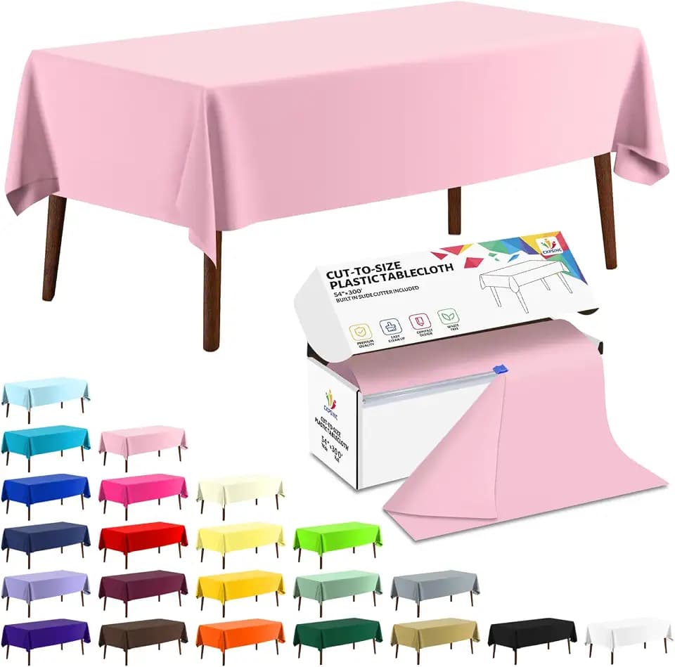 CXPSINC 54 Inch X 300 Feet Plastic Table Cover Roll Disposable Tablecloth with Slide Cutter for All Type/Shape Tables | Party, Banquet, Birthdays, Weddings(Pink, 300 Feet)