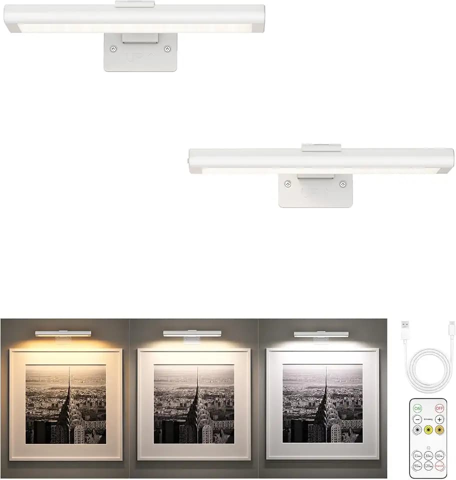 EZVALO Picture Light for Wall, Rechargeable 2400mAh Lights Wireless with IR Remote, 3 Color & Dimmable Magnetic 7.87'' LED Lights Display for Painting, Living Room, Gallery, Bedroom Art(White-2P)