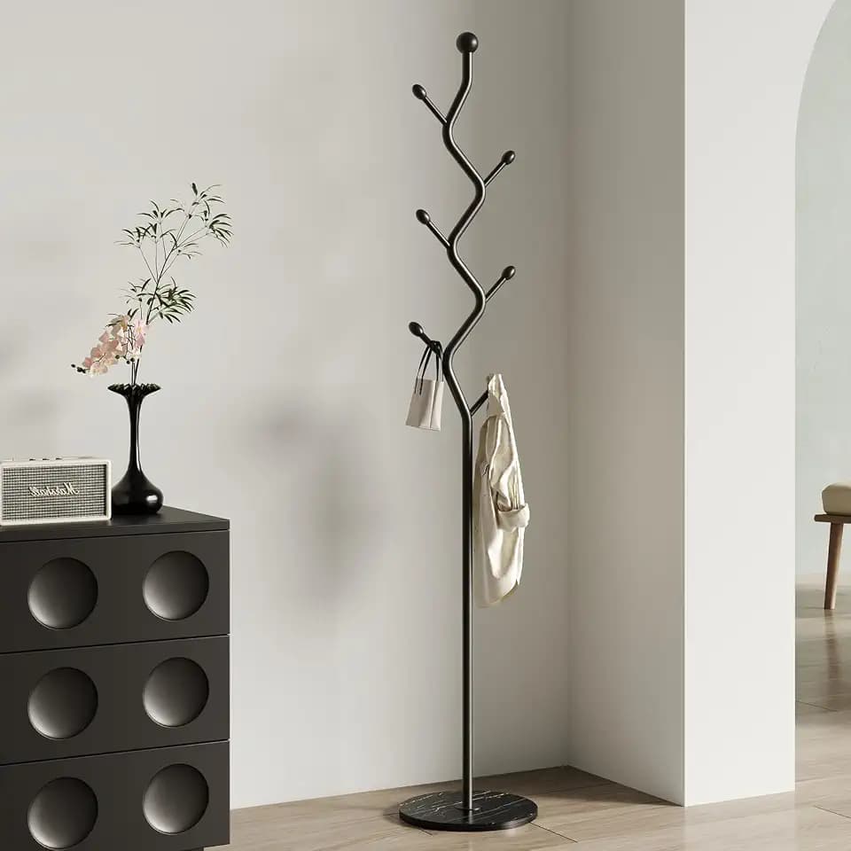 Creative Tree Branch-Look Coat Rack Freestanding with 6 Hooks & Sturdy Marble base Metal Clothes Hanger Stand for Entryway/Mudroom/Bedroom/Hallway/Home Office (Matte black)