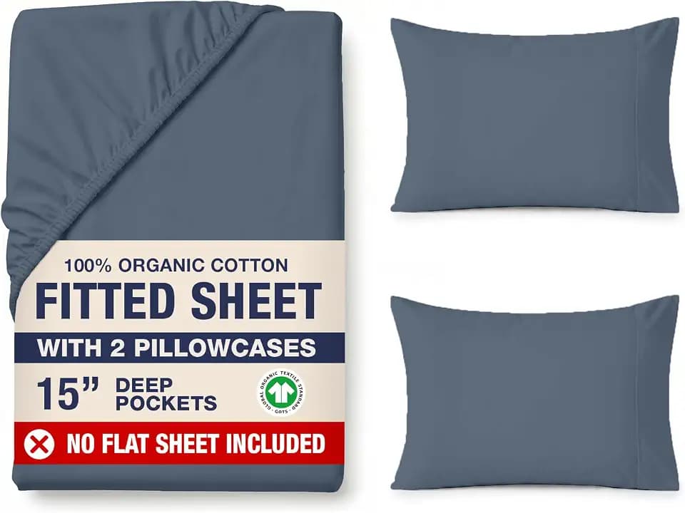 LANE LINEN King Size Fitted Sheet, 100% Organic Cotton, 3-Piece Set (1 Fitted Sheet,2 Pillowcases), Percale Weave, Ultra Soft, Breathable,Fits Mattress Upto 15" Deep - Estate Blue (No Flat Sheet)