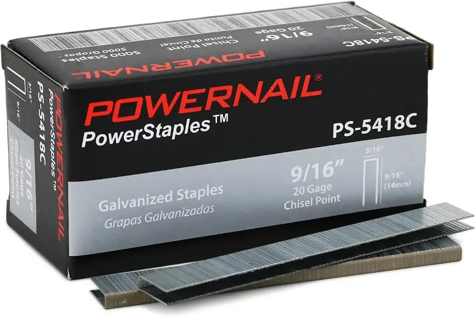 Powernail PS5418C 20 Gauge 3/16 Inch Crown 9/16 Inch Length Chisel Point Collated Galvanized Staples, for Fastening Carpet and Upholstery (Box of 5000)