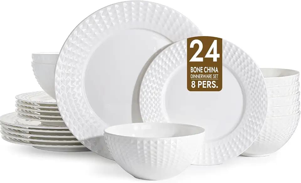 KINGSTONE 24Pc Rhombus Edge White Bone China Set, Service for 8